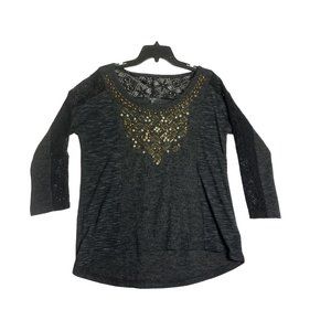 Miss Me Top Womens Medium Bead Embellished Lace 3/4 Sleeve Sweater